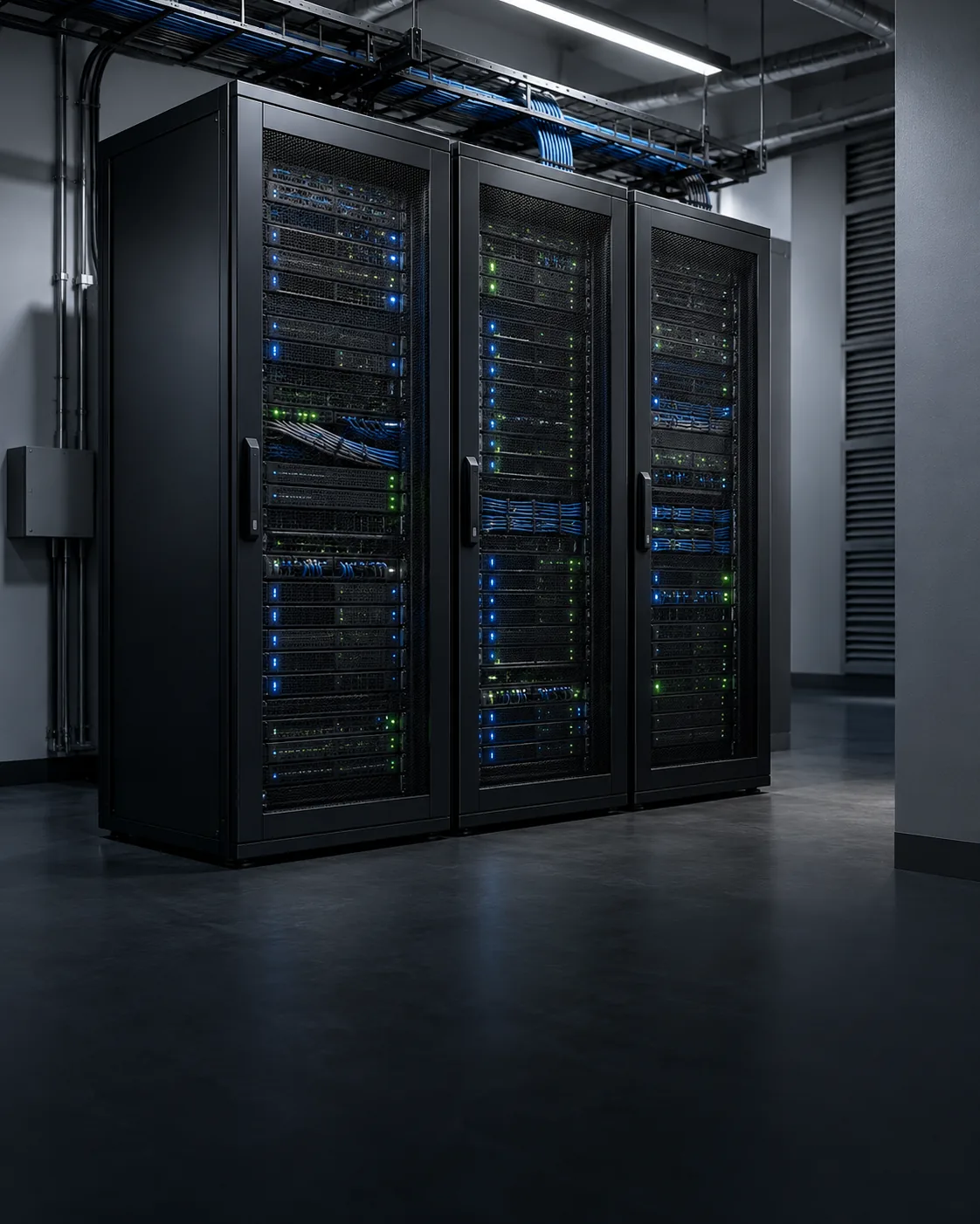 AI-generated view of unbranded server racks in a compact data centre